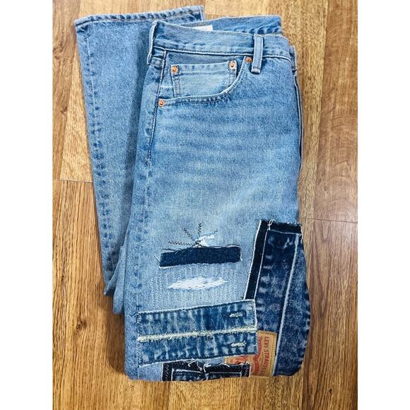 NWOT Levi’s 501 Orig Fit Jeans Distressed Patchwork Streetwear Cotton Blue 32x32 - Picture 8 of 8